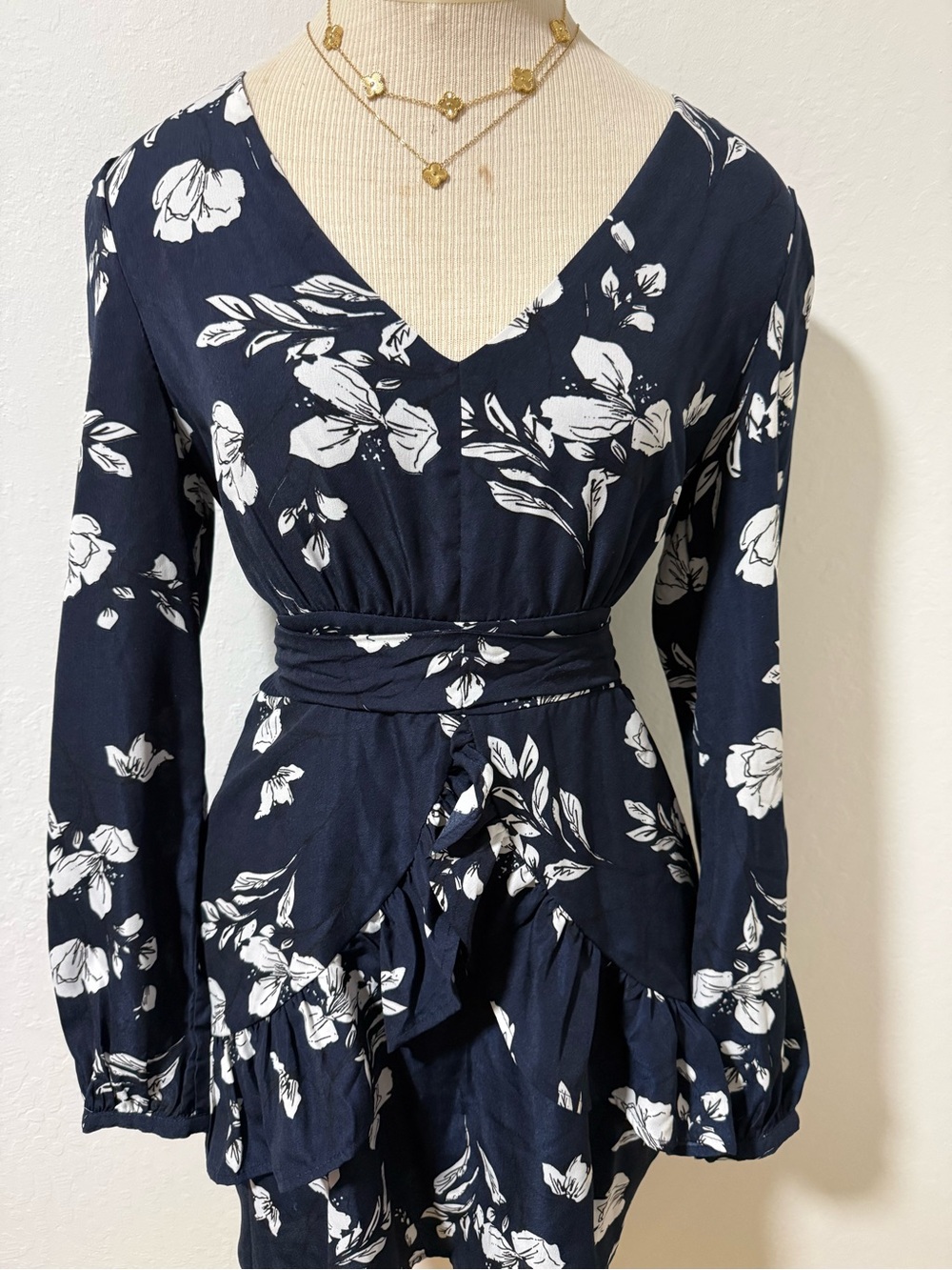 Floral V-Neck Wrap Dress - Navy & White